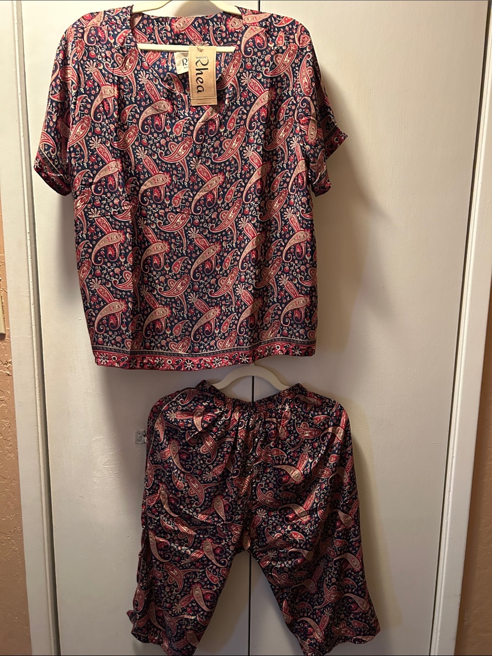 Rhea Paisley Print Top & Shorts Set in Navy and Pink